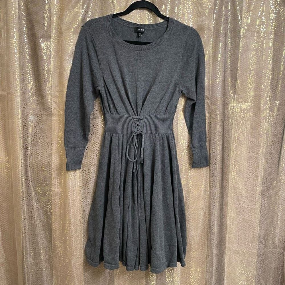 Torrid Charcoal Gray Mini Sweater Long Sleeve Lace-Up Dress, 00 M/10